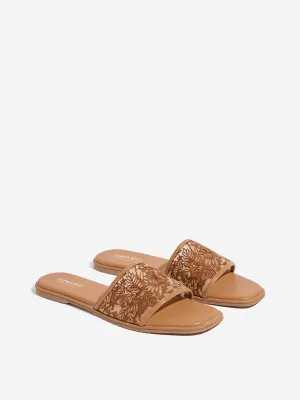 LUNA BLU Tan Floral Embroidered Single Band Slides