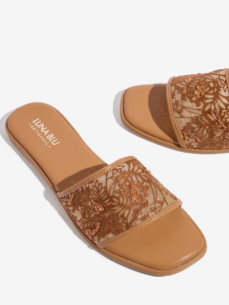 LUNA BLU Tan Floral Embroidered Single Band Slides