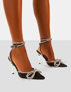 Midnight Black Wrap Around Diamante Bow Pointed Toe High Heel