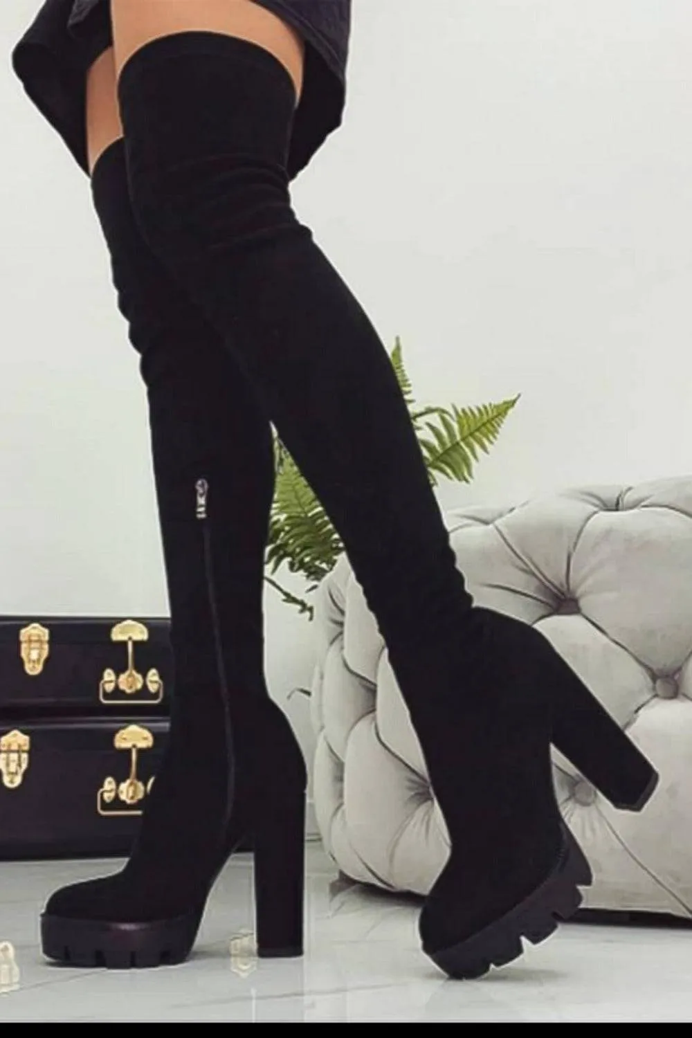 Over The Knee Stretch High Heel Boots - Black