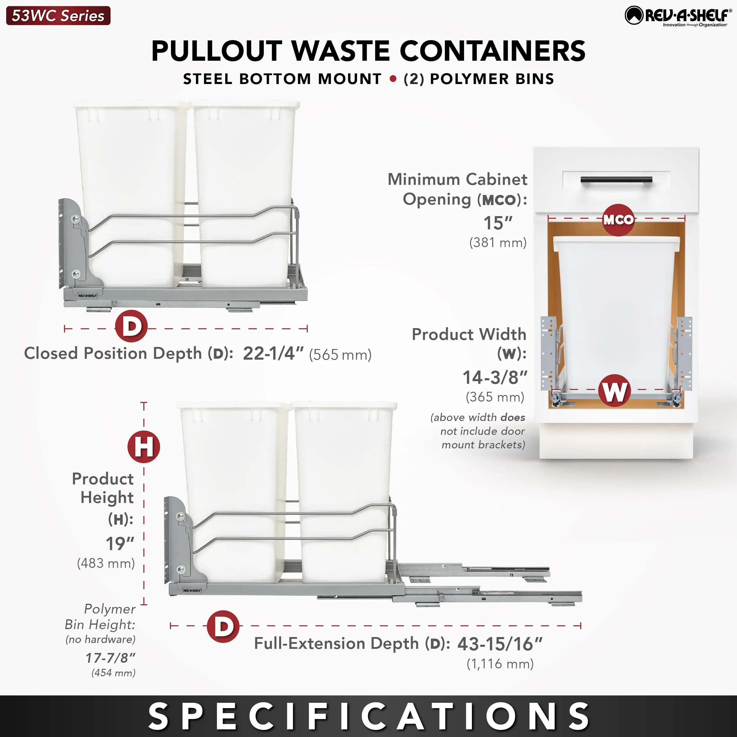 Rev-A-Shelf Double 35 Quart Pull-out Waste Container Soft-Close 53WC-1835SCDM-213