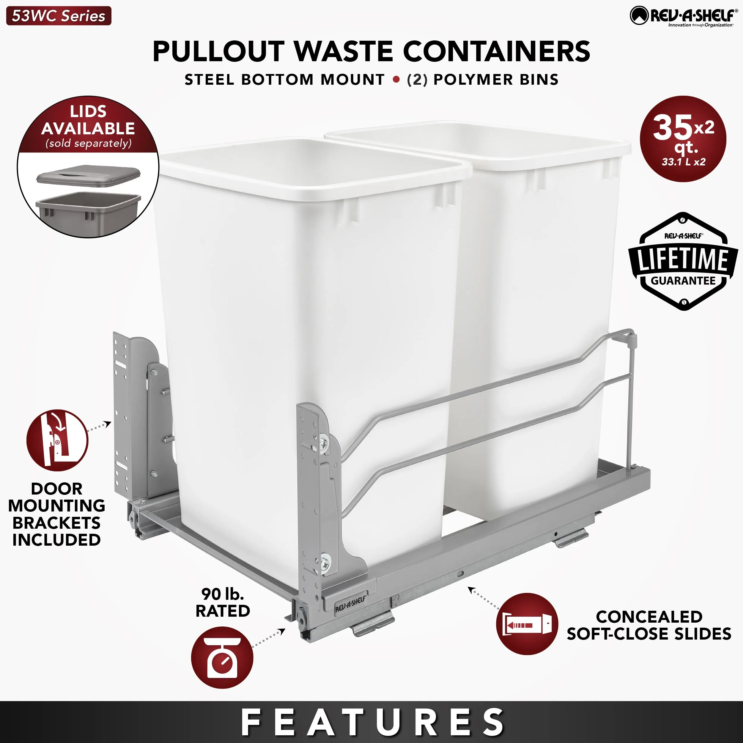 Rev-A-Shelf Double 35 Quart Pull-out Waste Container Soft-Close 53WC-1835SCDM-213