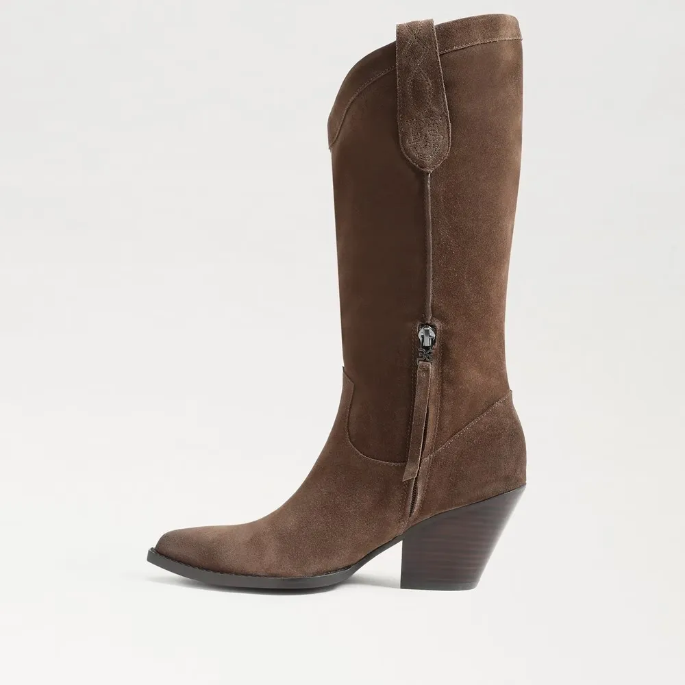 Sam Edelman Jamie Olive Taupe Side Zipper Pointed Toe Block Heel Western Boots