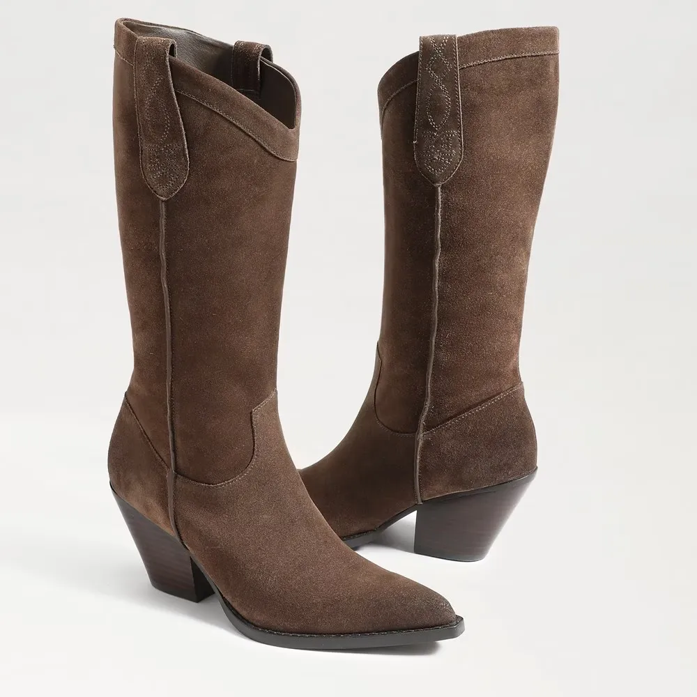 Sam Edelman Jamie Olive Taupe Side Zipper Pointed Toe Block Heel Western Boots