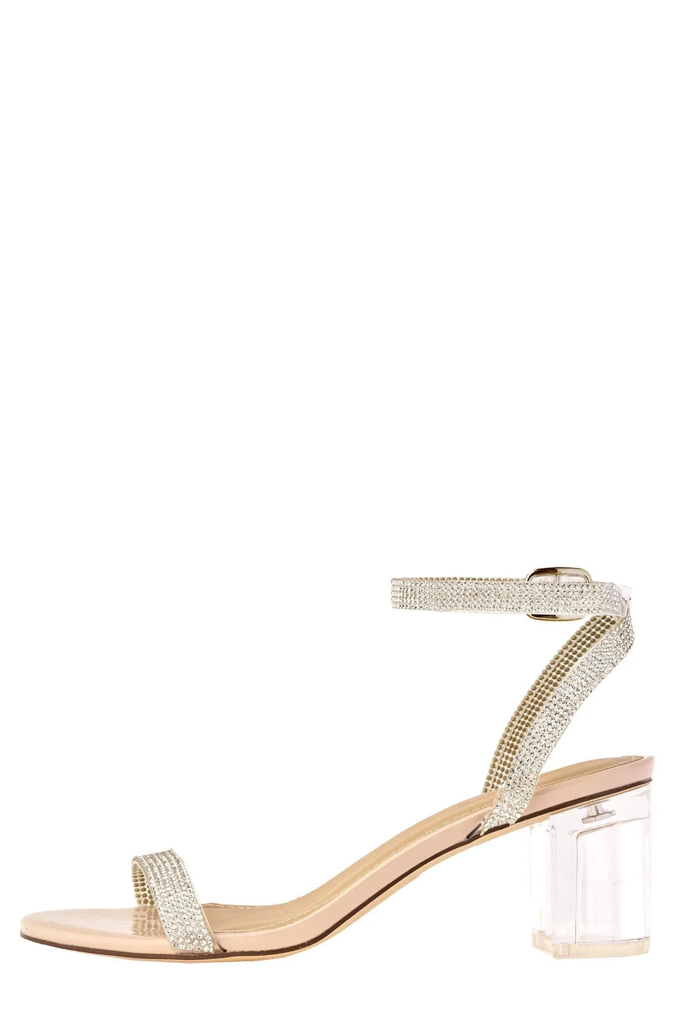 Stella Perspex Diamante Strap Block Heel Sandal in Nude Patent