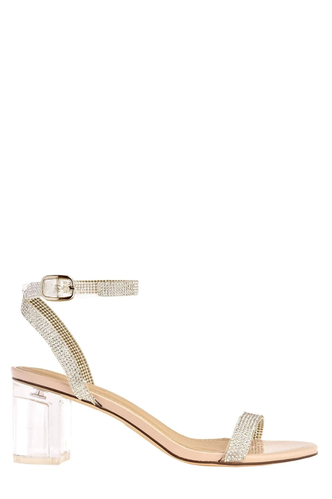 Stella Perspex Diamante Strap Block Heel Sandal in Nude Patent