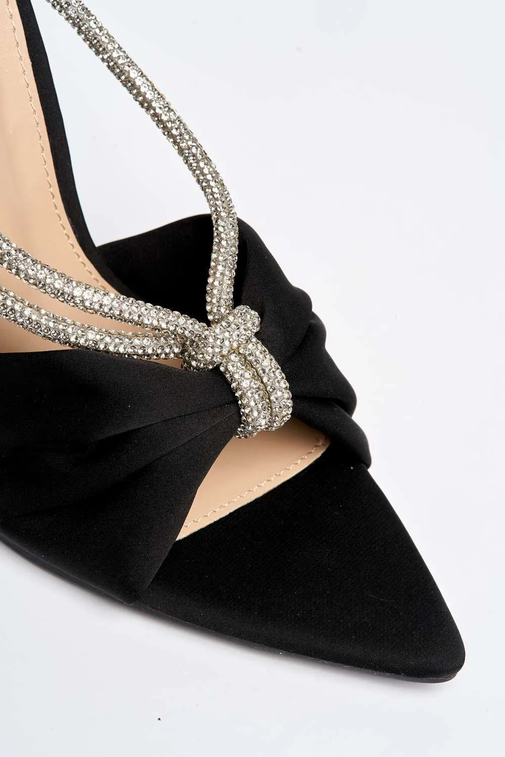 Tanulia Diamante Straps Perspex Stiletto Heel Pointed Toe Mules in Black