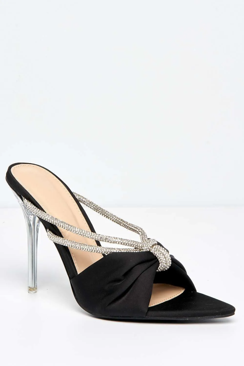 Tanulia Diamante Straps Perspex Stiletto Heel Pointed Toe Mules in Black
