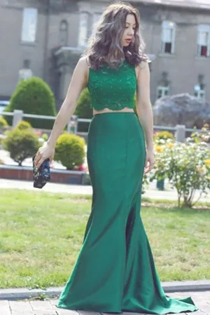 Two Piece Crew Sweep Train Green Satin Sleeveless Prom Dress with Beading Lace LR56