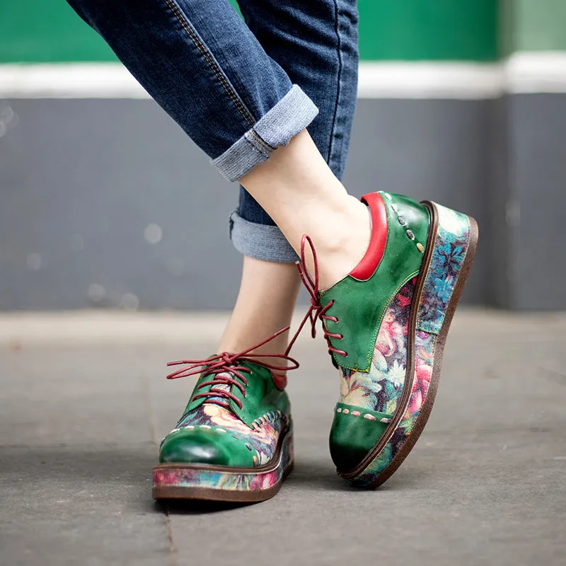 Vintage Muffin Heel Comfortable Print Round Head Low-top Leather Women's Shoes