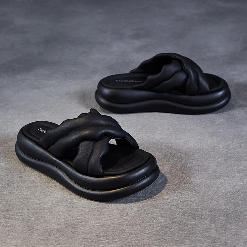 Women Leather Minimlist Thick Soled Soft Slides