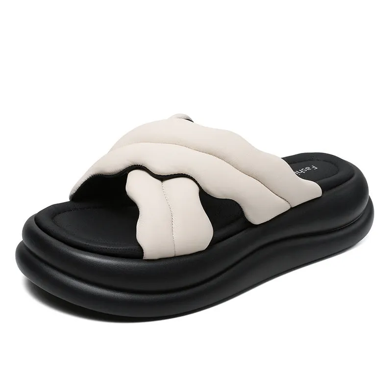 Women Leather Minimlist Thick Soled Soft Slides