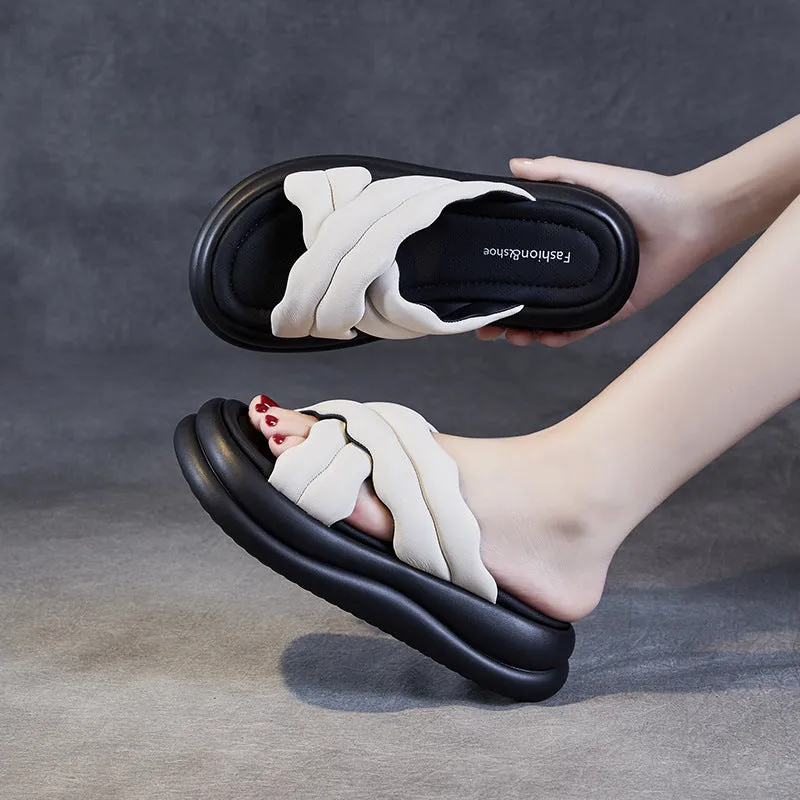 Women Leather Minimlist Thick Soled Soft Slides