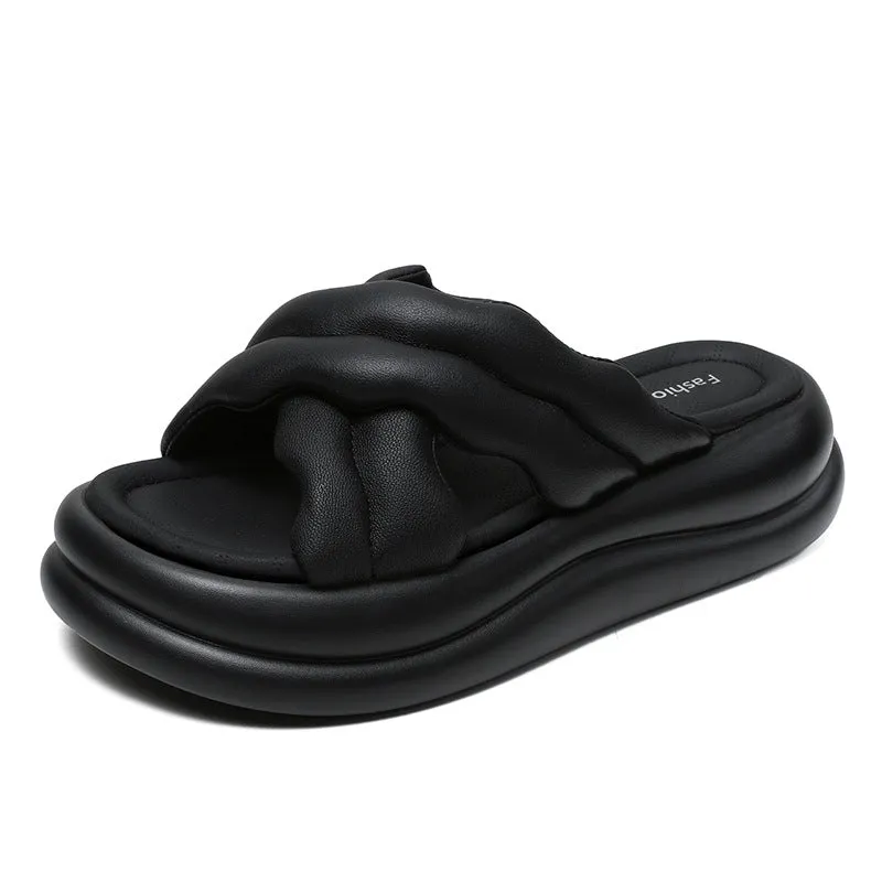 Women Leather Minimlist Thick Soled Soft Slides
