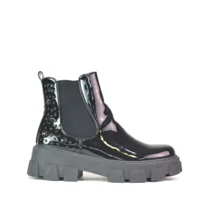 Womens Ankle Chelsea Boots Low Block Heel Black Patent