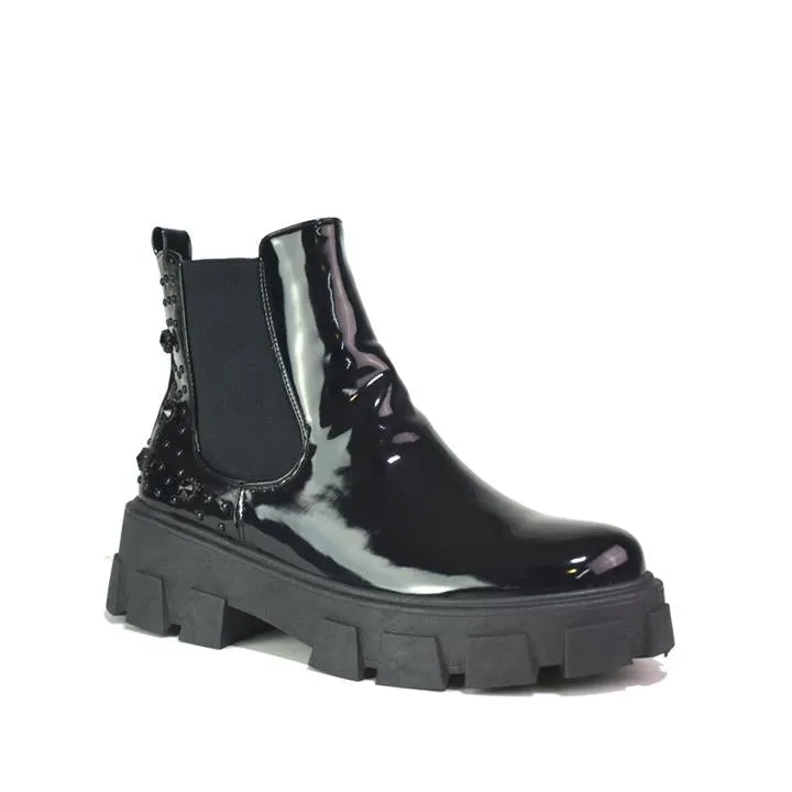Womens Ankle Chelsea Boots Low Block Heel Black Patent